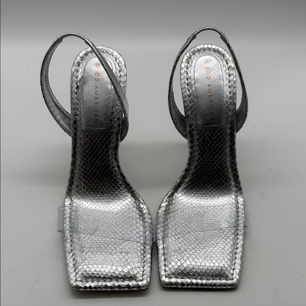 Good American Metallic Silver Slingback Heels